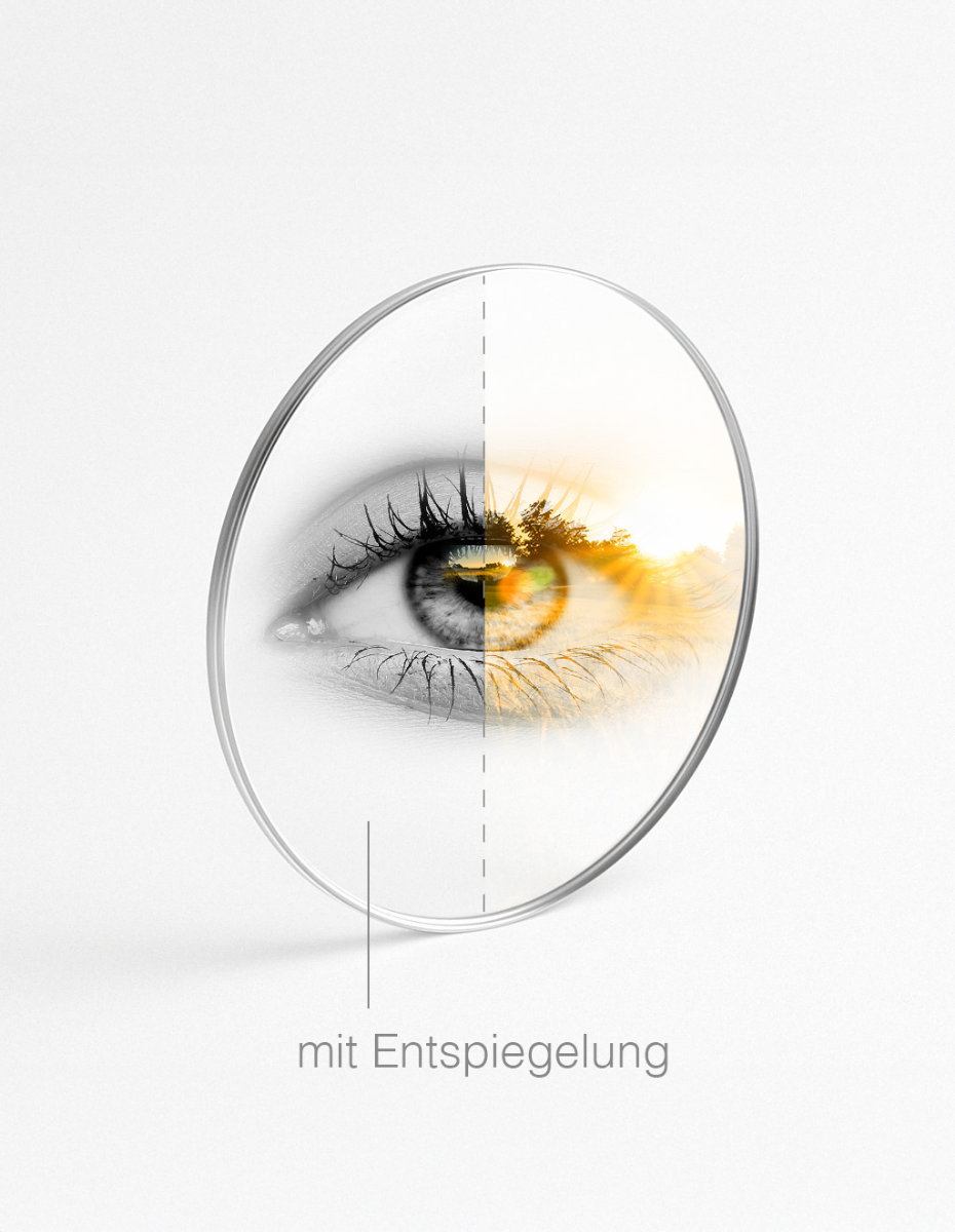 Brillenglas in der Mitte halbiert. Eine Seite spiegelt und die andere nicht. 